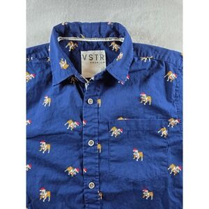 VSTR Premium Short Sleeve Button Up Shirt Mens S Blue Bulldog Santa Hat All Over
